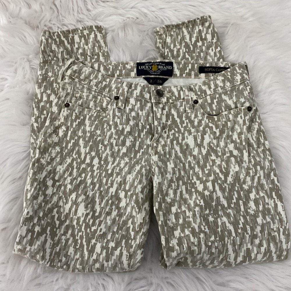 Lucky Brand Sofia croppedpants size 2 stretch tan geo pattern cotton blend
